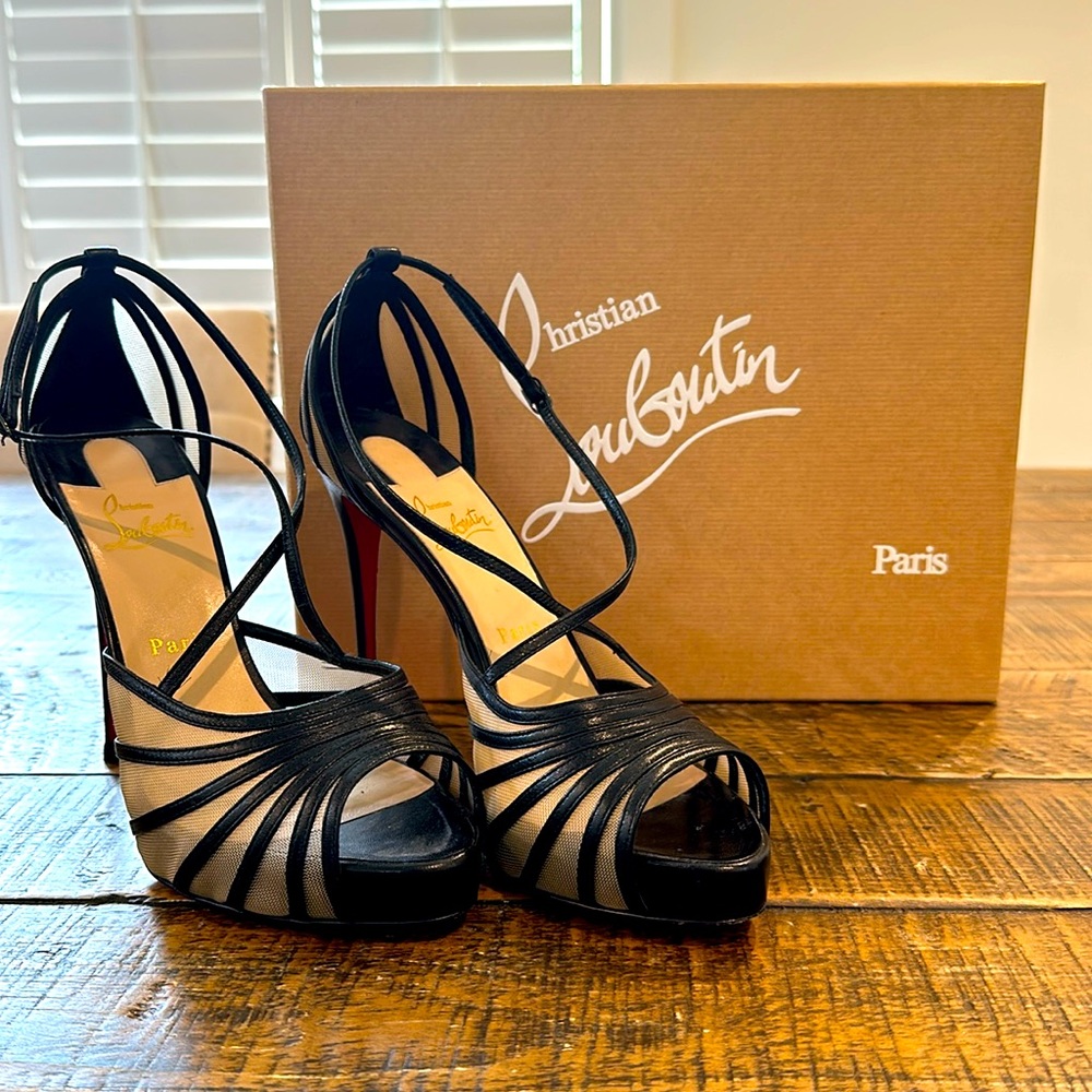 AUTHENTIC STUNNING CHRISTIAN LOUBOUTIN 120 KID/RETE VERSION BLACK SZ 41